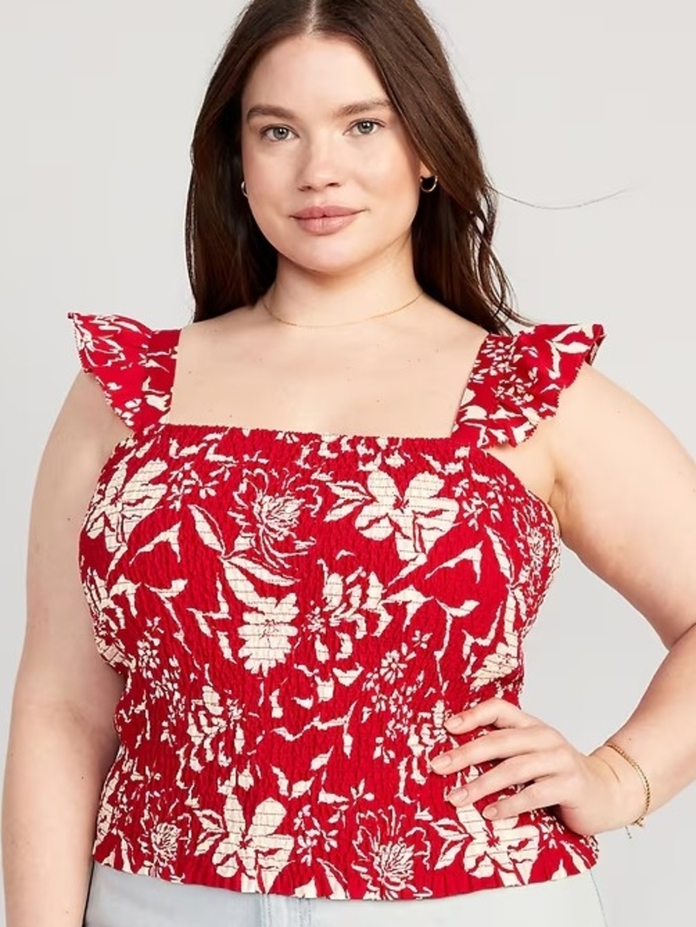 Old Navy Red Floral Square Neck Smocked Elasticized Ruffle Strap Tank Misses L